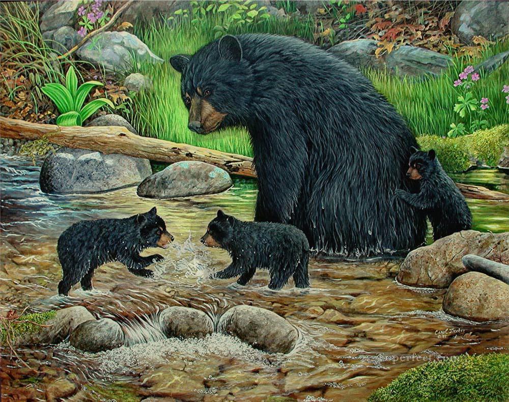 petits Ours jouant dans le courant Peintures à l'huile